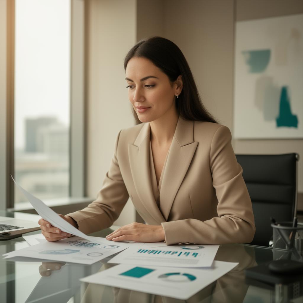 Consultora analisando documentos financeiros em escritório moderno