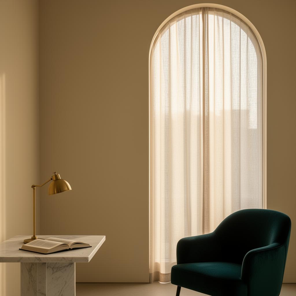 Escritório minimalista com janela em arco e luz natural